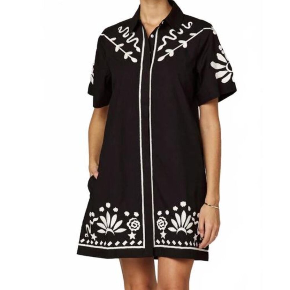 NEW Cleobella Riya Embroidered Mini Dress Black Ivory M